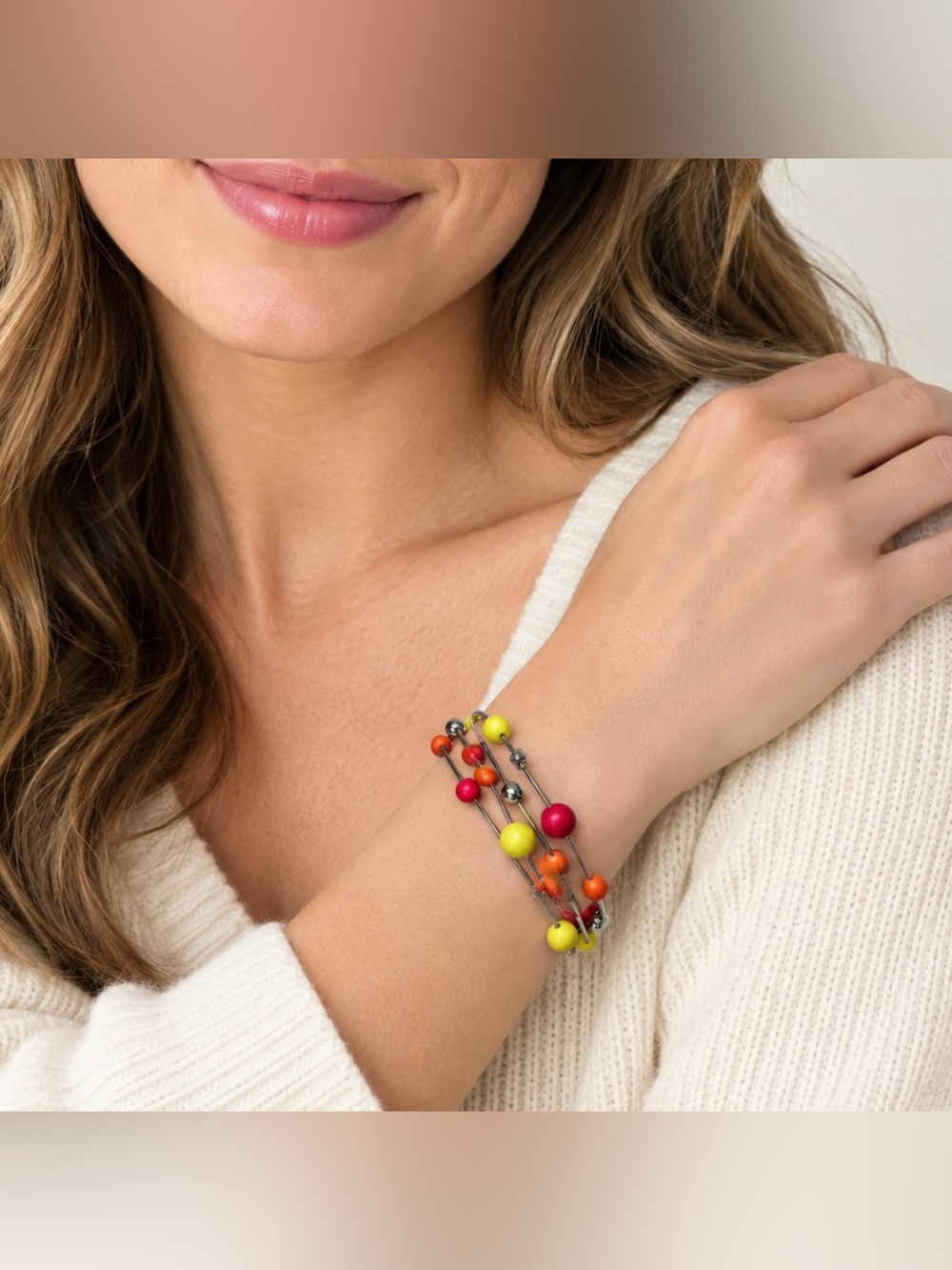 Swatch Bijoux Multi Strand Beaded Stainless Steel Colorful Statement Bracelet M
